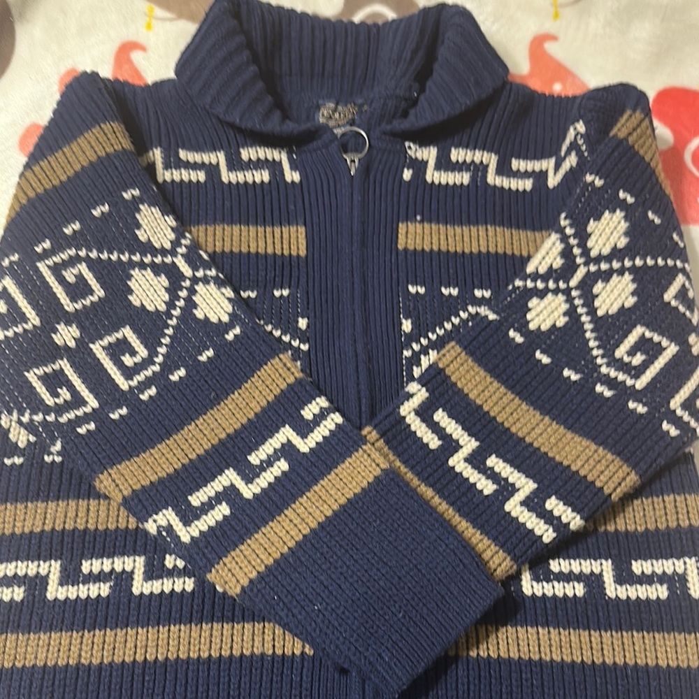 Men's Navy and Tan Patterned Sweater